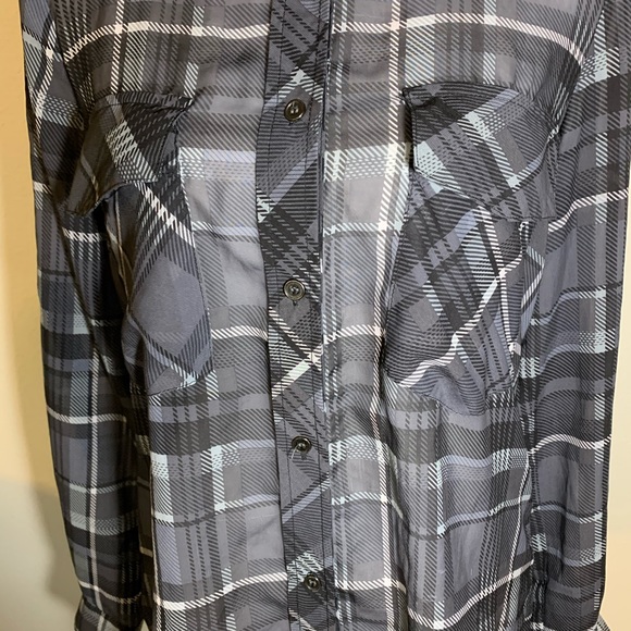 ABS sheer button up blouse front pockets plaid - Picture 3 of 8